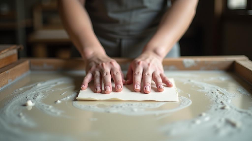 Mains d'artisan en train de travailler le papier, montrant la texture et la couleur naturelle d'une feuille de papier fait main.