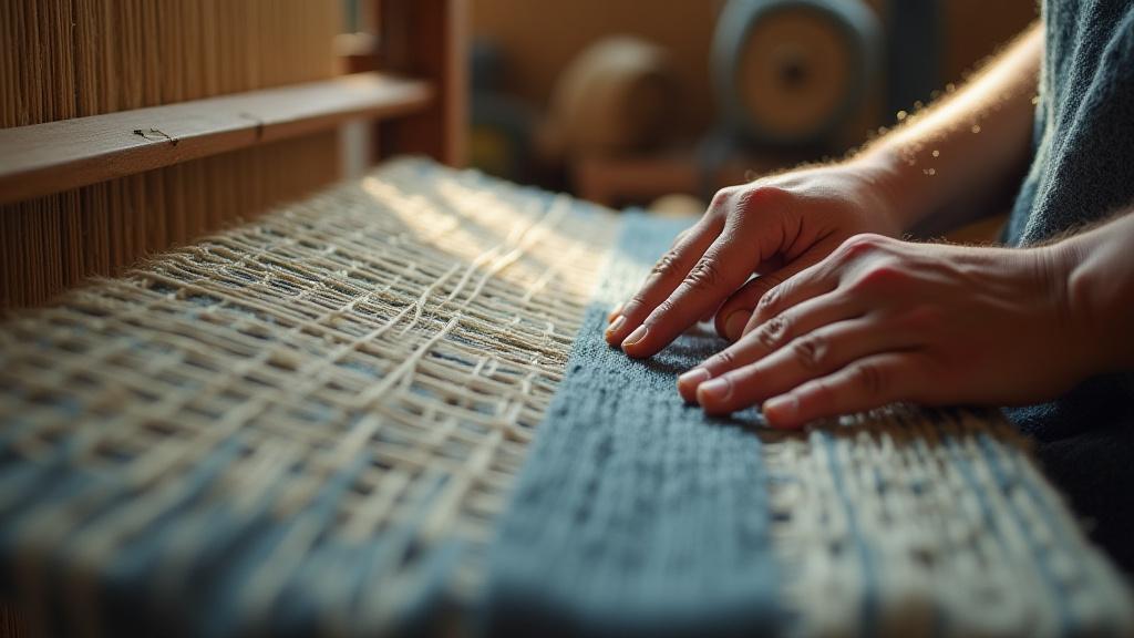 Tissage artisanal de tissu avec des motifs fluides et des couleurs rappelant l'eau et le sable, sur un métier à tisser traditionnel.